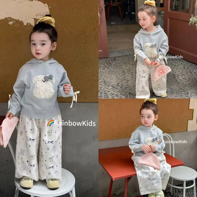 【彩虹家】2025秋款女童小狗毛衣涂鸦裤套装-66175