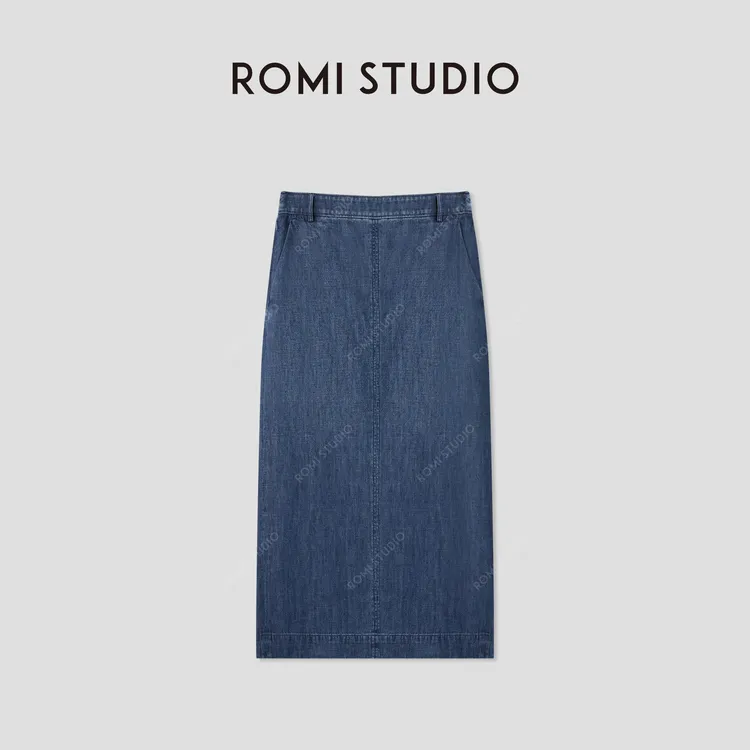 ROMI STUDIO“汉麻牛仔”汉麻棉混纺轻薄后开叉牛仔半裙 RWCSXD3467