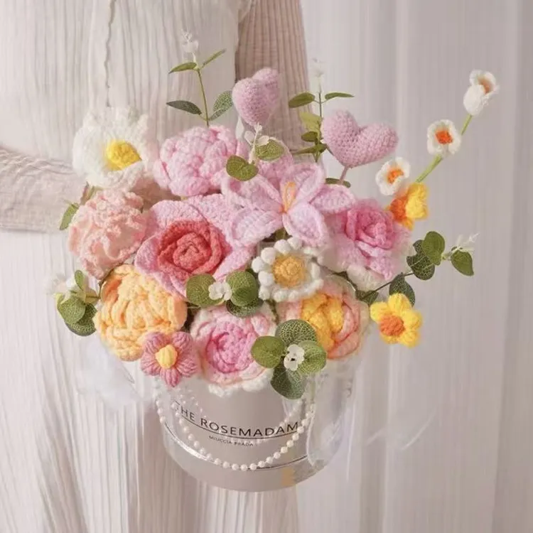 手工针织玫瑰郁金香毛线花抱抱桶情人节送女生礼物装饰品