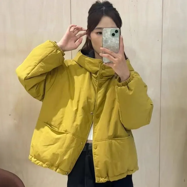 欧货时尚宽松加厚保暖连帽棉衣外套秋冬新款内里格子拼接棉服上衣