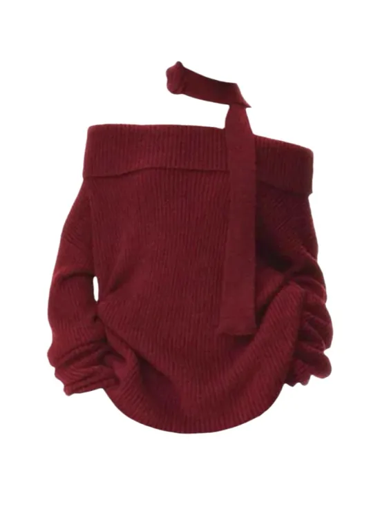 Amy家 微胖mm圣诞新年红色战袍一字肩毛衣女秋冬宽松慵懒风针织衫