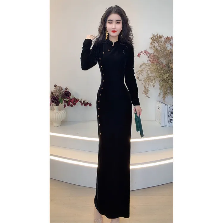 2025冬季新中式国风改良丝绒弹力连衣裙气质修身裙开叉长裙98940