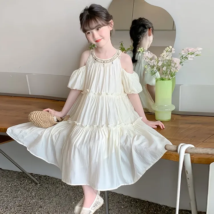 度假超美哒～女童夏季挂脖连衣裙2025新款露肩公主裙宽松中长款裙