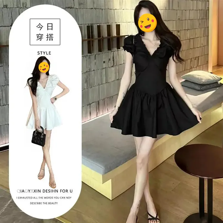 气质高级感V领褶皱短袖连衣裙女夏季法式赫本风收腰显瘦黑色短裙