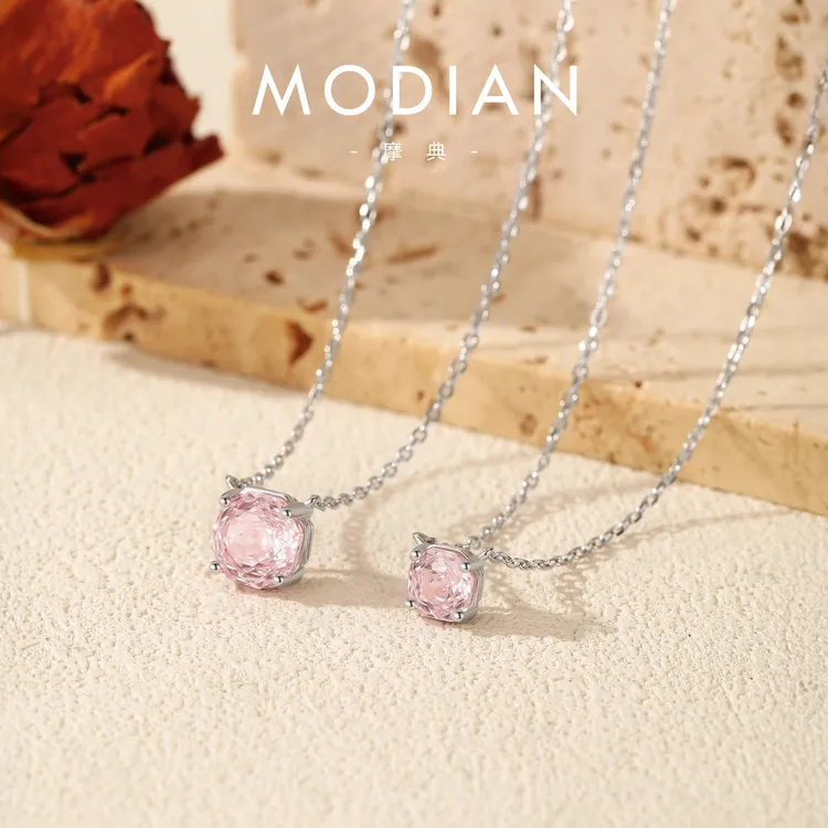 MODIAN/摩典 坠链均925银 甜美少女浅粉色八边形玫瑰切闪钻项链女