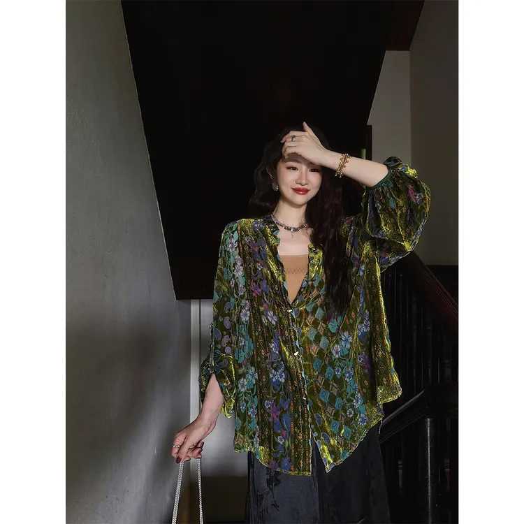 三吉黑花【花窗影】新中式国丝绒烂花衬衫女外套风女装2025新款潮
