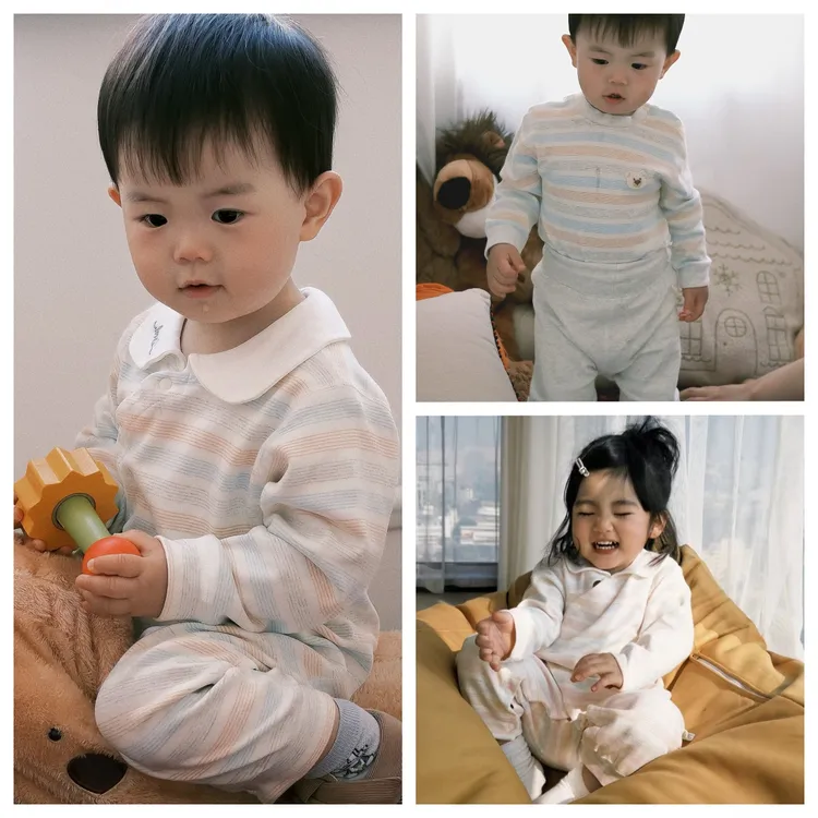 甜粿家-原创条纹小熊婴童A类双面春秋保暖家居服婴儿爬服分体套