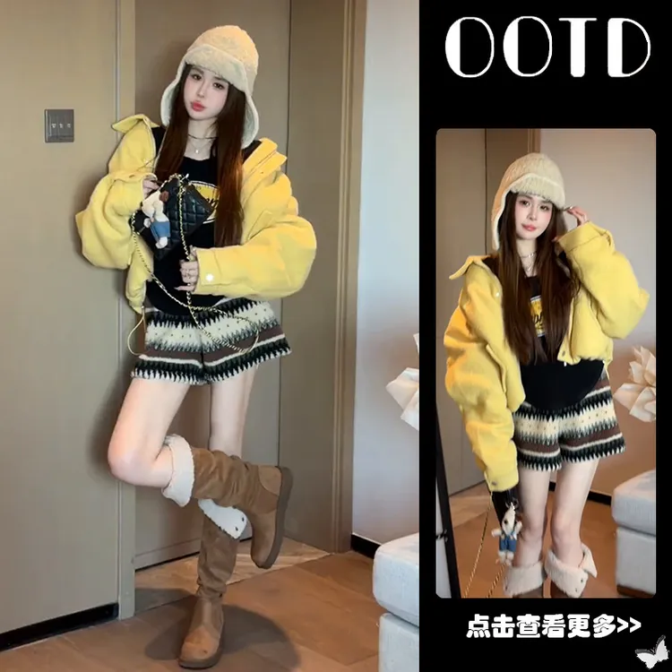 秋冬流行穿搭一整套女2025新款宽松翻领外套T恤阔腿短裤三件套