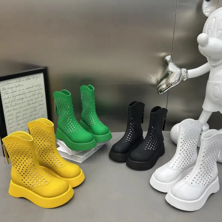 HY时装靴夏季厚底筒靴春夏英伦风女鞋粗跟女靴镂空凉靴百搭