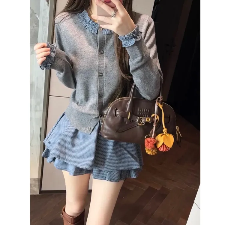 miu系韩系经典百搭针织开衫+格纹半身裙裤套装秋季新款女A1523