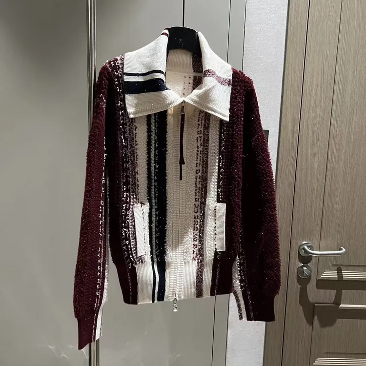 【大L】重磅外贸进口高奢重工设计师风拼色竖条山羊绒外套251098