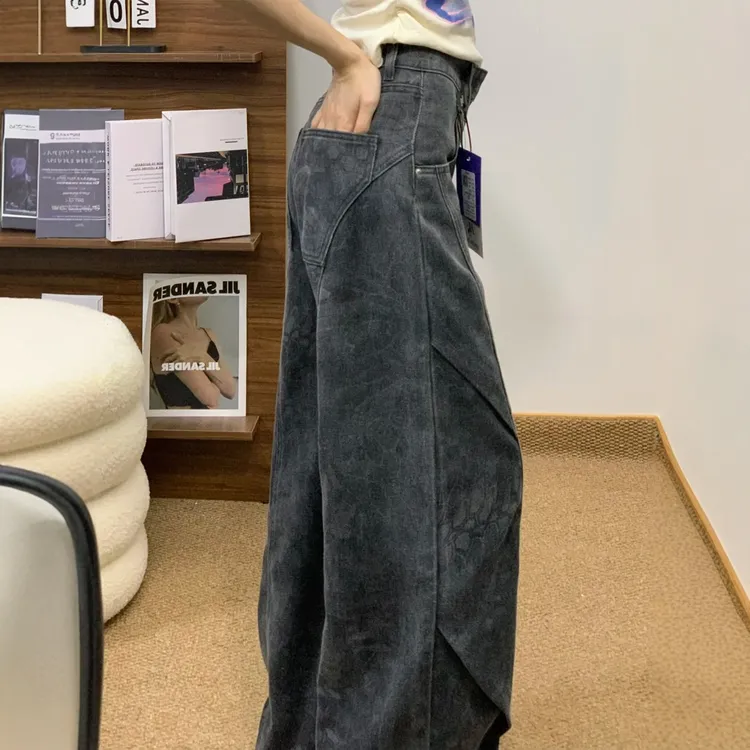 美式设计感印花直筒裤女2025秋季新款胖mm高腰工装阔腿拖地牛仔裤