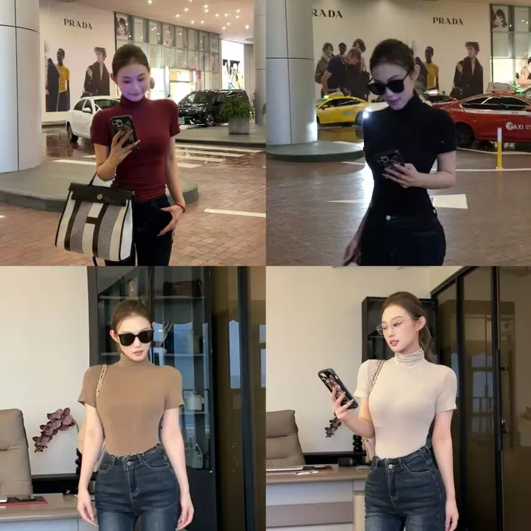 希野逸儿/ 韩系性感显胸高领短袖T恤女紧身打底衫设计感上衣薄女