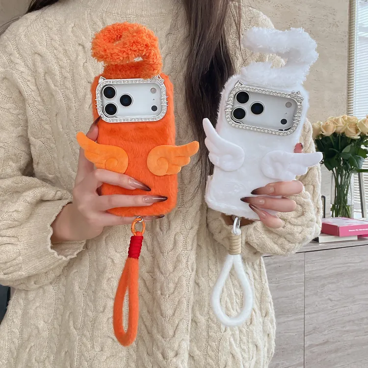 新款KT钻框ins风天使光环钻边毛绒壳适用于苹果17promax保护壳16