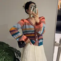大禾【条纹彩纱】绵羊毛V领针织衫女秋季长袖宽松显瘦气质套头毛衣