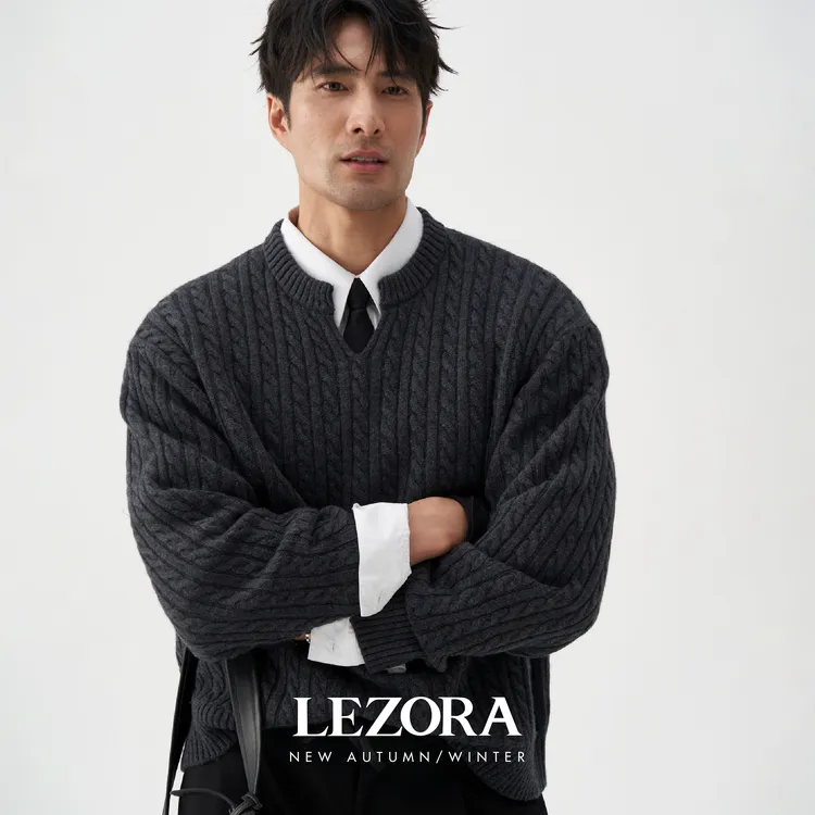LEZORA绞花山羊绒！新西兰美丽奴羊毛羊绒 秋冬小v领针织毛衣男
