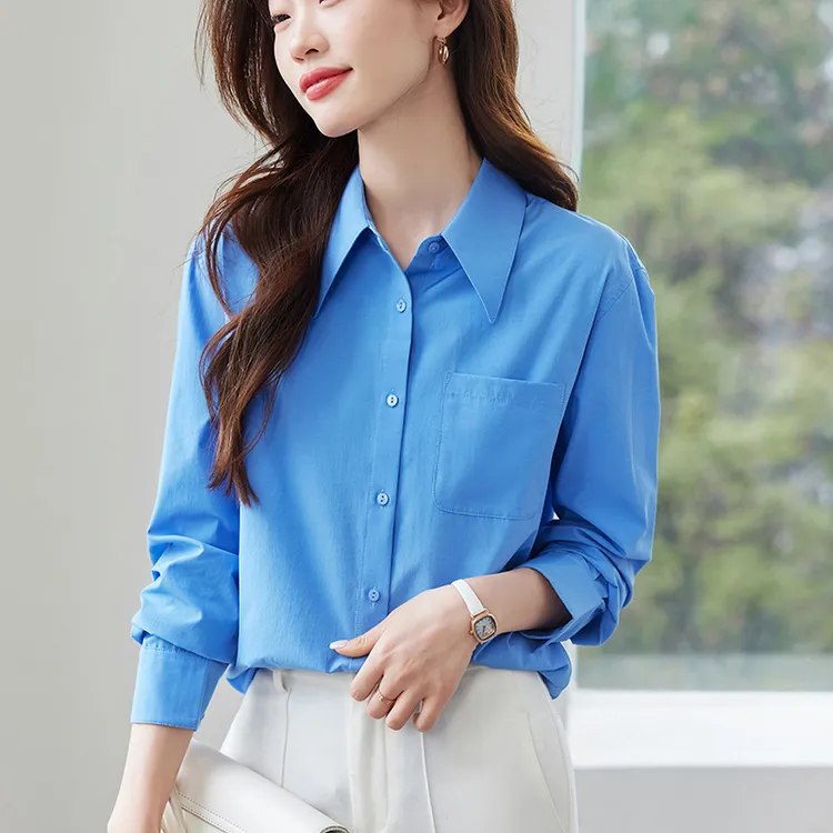 气质克莱因蓝衬衫法式通勤减龄长袖春2025新款纯色polo领别致上衣