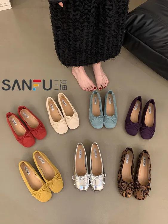 三福法式复古软底单鞋银色女鞋子夏季瓢鞋晚风蝴蝶结平底鞋芭蕾鞋