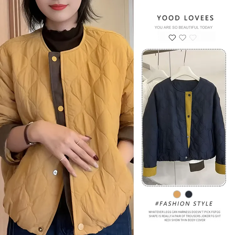 复古棉服外套气质减龄2025秋冬新款轻薄菱形格设计感撞色时尚上衣