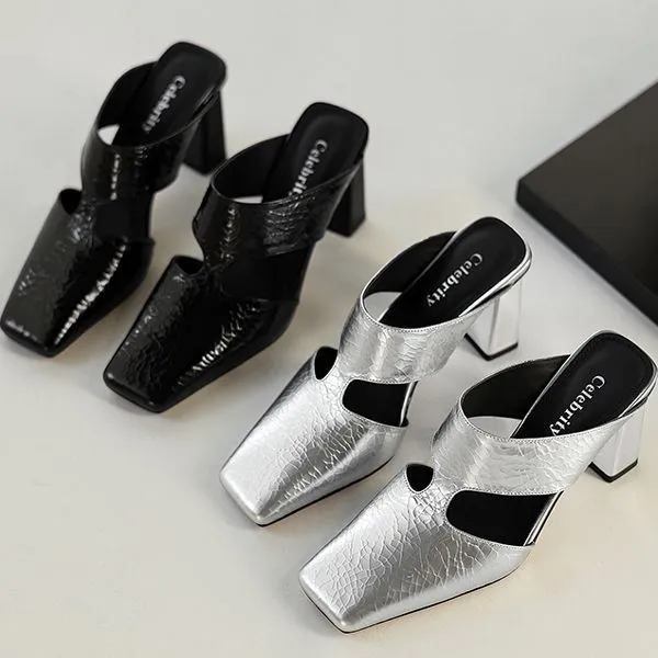 法式气质粗跟包头半拖鞋女2025夏外穿后空方头高跟凉鞋银色穆勒鞋