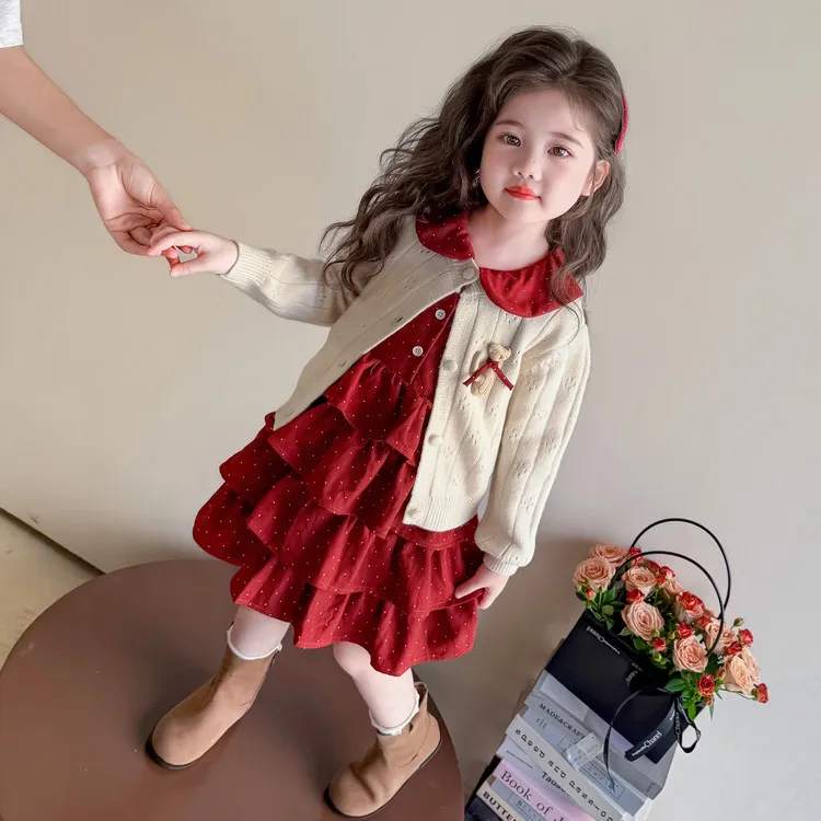 女童连衣裙春秋款2025新款洋气女宝宝蛋糕裙韩版针织开衫儿童裙子