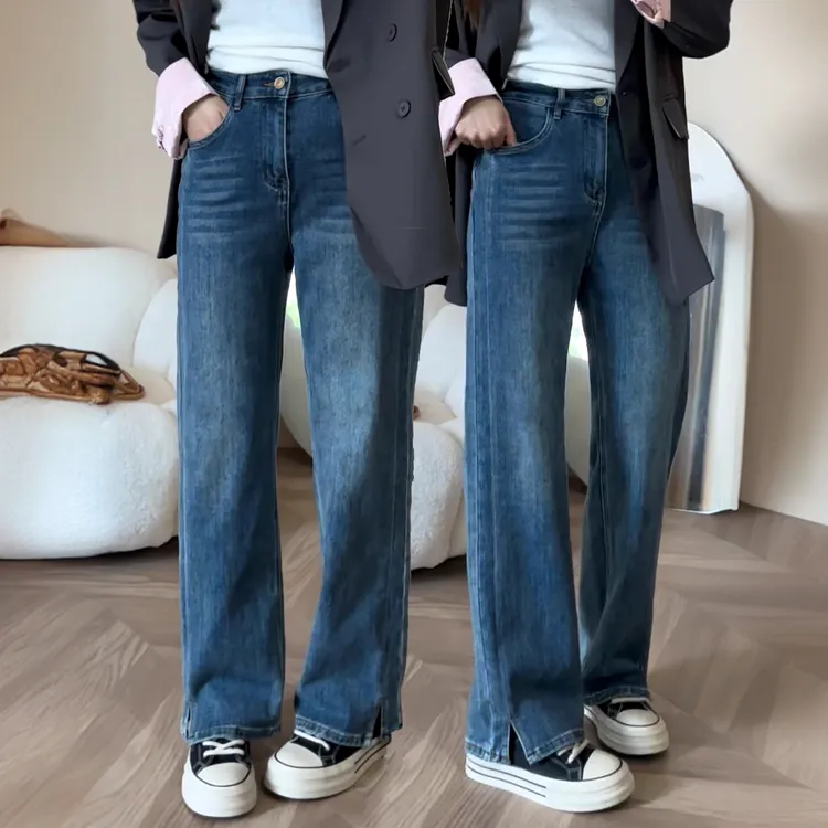 复古开叉秋季阔腿牛仔裤女大码高腰梨形身材显瘦弹力百搭拖地裤子