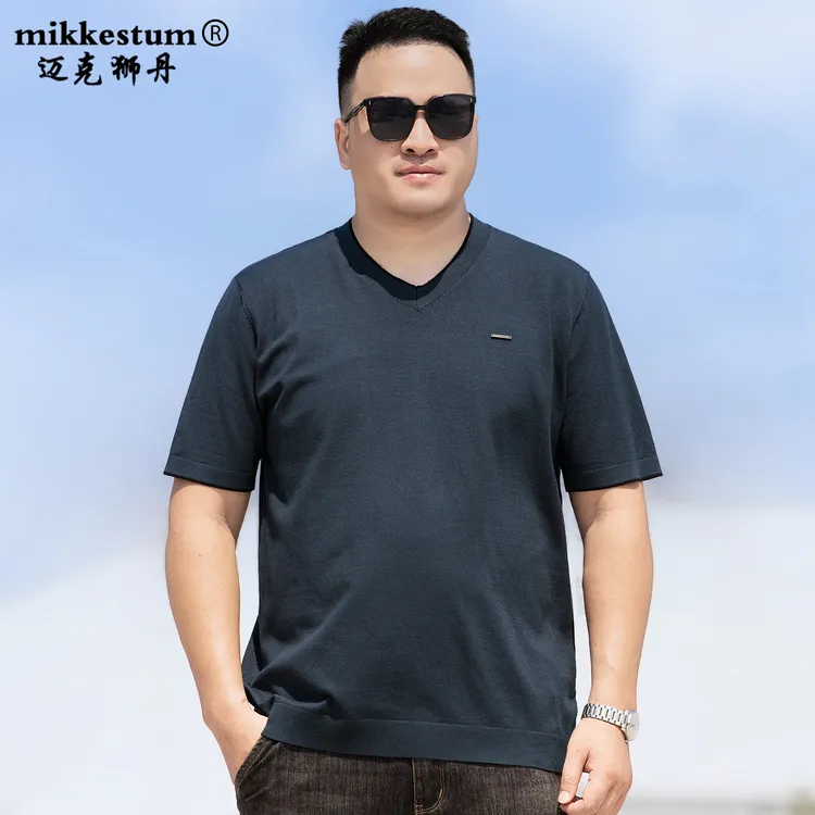 大码V领短袖毛衣男胖子宽松针织衫加肥加大鸡心领打底衫半袖内搭