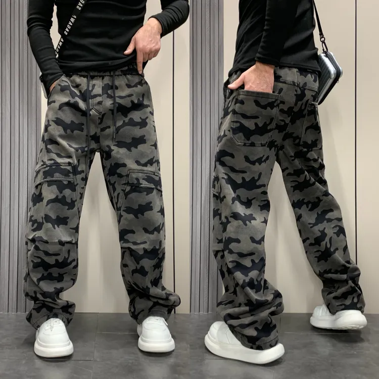 加绒加厚迷彩牛仔裤男秋冬季潮牌宽松迷彩工装裤美式加绒休闲裤子