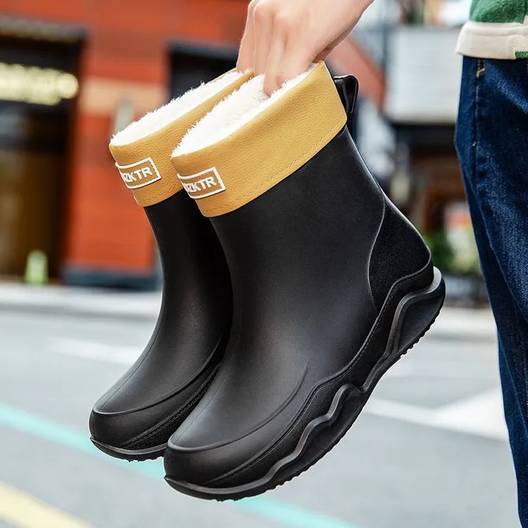 耐磨厚底雨靴保暖加绒一体防水鞋套雨鞋干活防滑加厚短筒冬季男款