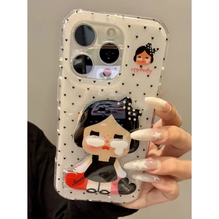 黑爱心哭娃镜子支架适用苹果16Pro大孔手机壳vivo华为oppo小米15