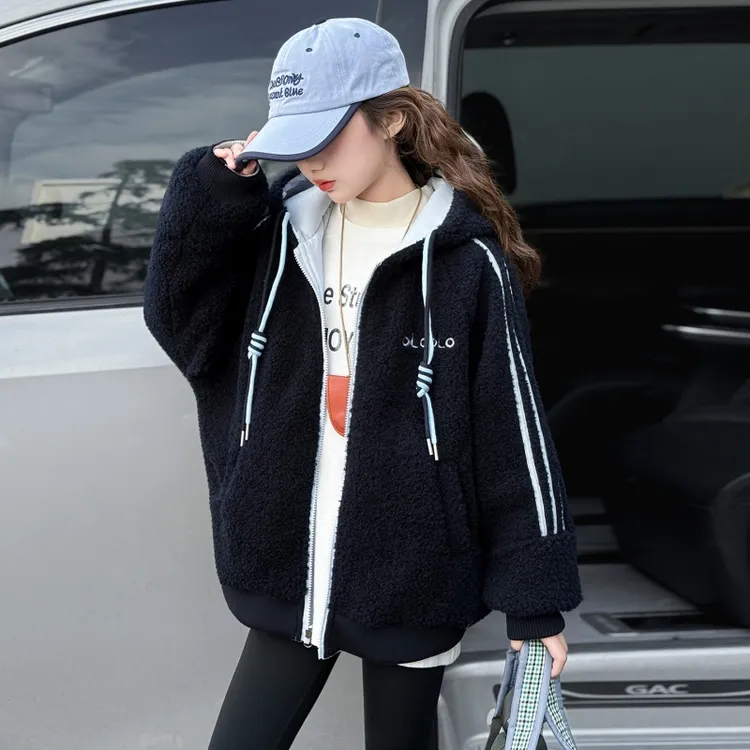 女童加绒外套两面穿秋冬款2025新款加厚小女孩保暖毛毛衣连帽棉衣