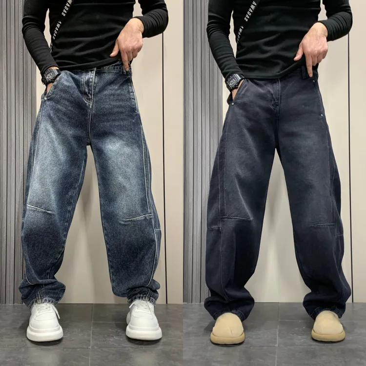 秋冬加绒潮流拼接设计感弯刀高街裤子复古水洗宽松直筒牛仔裤男士
