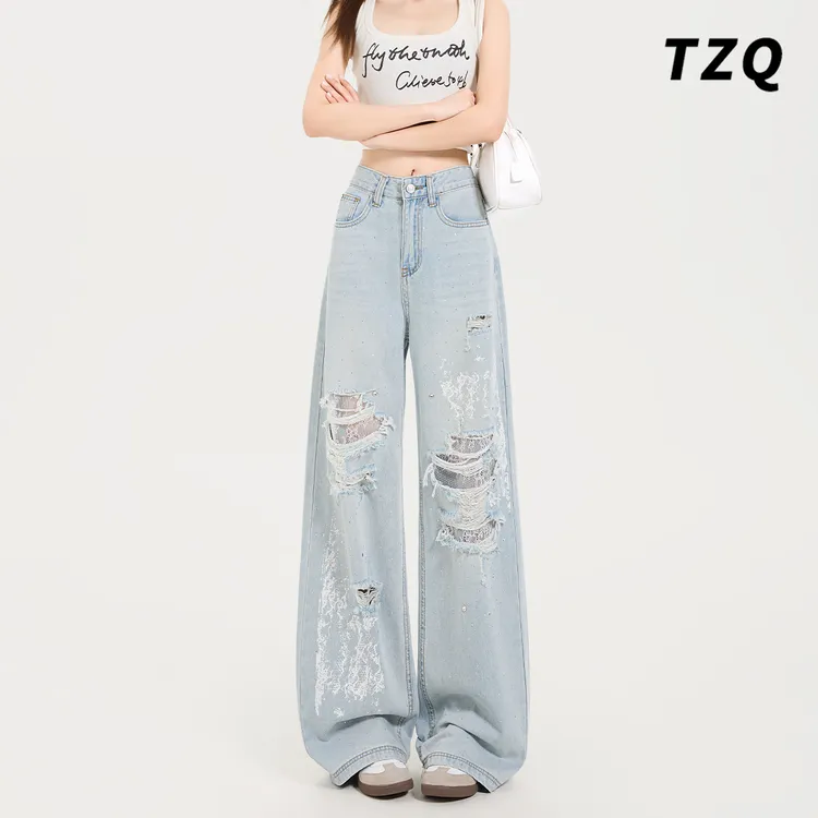 破洞烫钻阔腿薄款牛仔裤女夏季新款高腰宽松设计直筒裤TZQ2570702