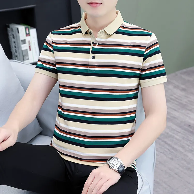 男士短袖POLO衫条纹减龄夏季薄款轻奢商务翻领品质半袖韩版透气棉