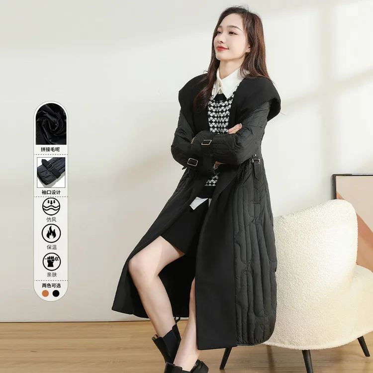 【90白鸭绒】冬连帽加绒加厚长款拼接羽绒服外套女TD958155