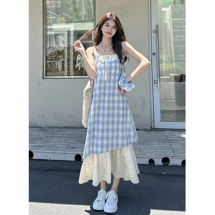 【4148人收藏】温柔风小清新吊带裙新款女装新两件格纹吊带蓝色连衣