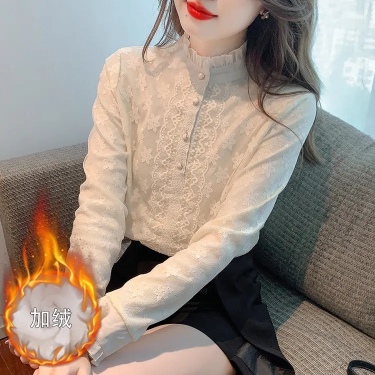 半高领加绒蕾丝打底衫女内搭2025秋冬季新款洋气减龄小衫法式上衣