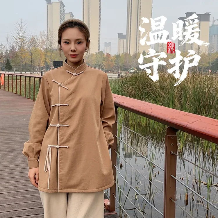 红棉太极服新中式冬季女款加绒横弹竹节麻斜襟太极服表演服套装