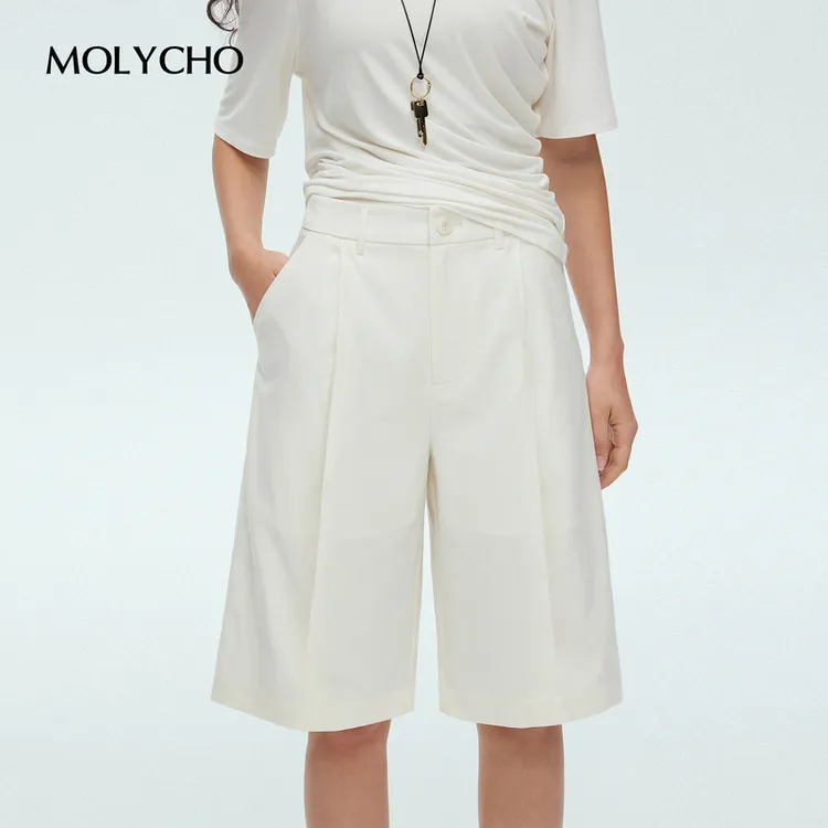 MOLYCHO｜极简老钱风_杏色宽松直筒西装中裤女高腰垂感五分阔腿裤