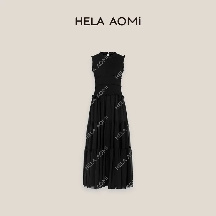 HELAAOMI “顺纡瘦瘦裙”赫本风无袖荷叶边收腰连衣裙CY5BM72594