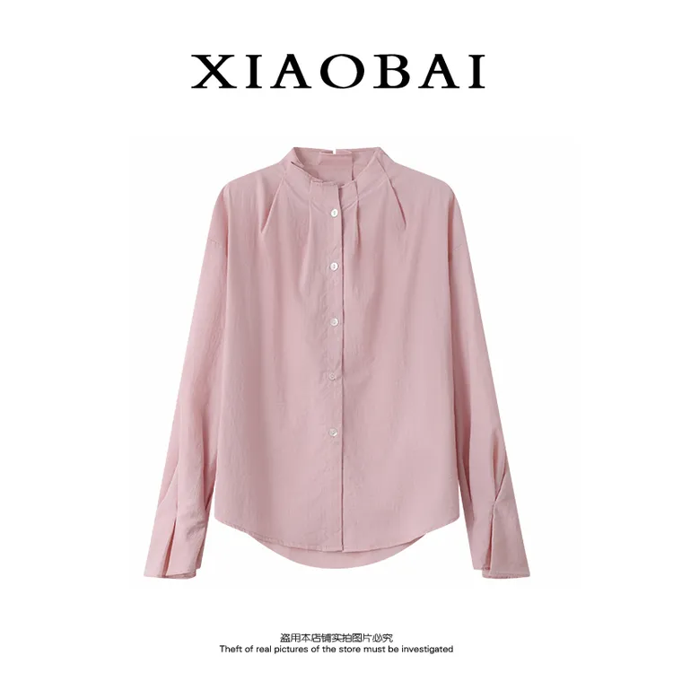 XIAOBAI 法式木耳边衬衫早秋立领褶皱设计感长袖百搭复古气质上衣