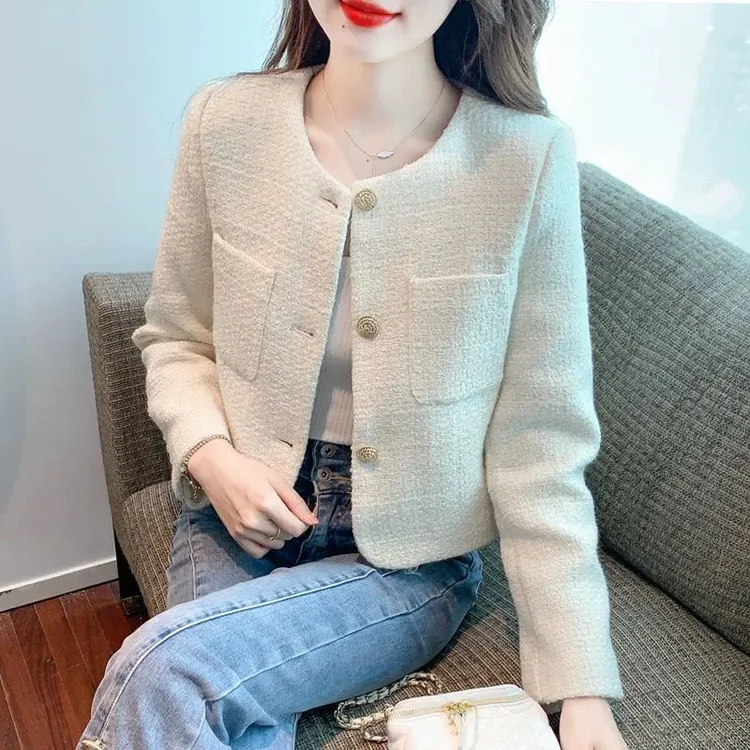 小香风短款外套女2025春秋新款小个子粗花呢高档纯色高级感上衣