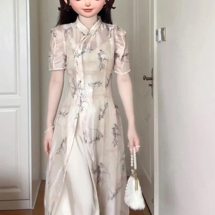新中式女装国风改良旗袍高级感气质高端精致水墨画盘扣连衣裙子夏