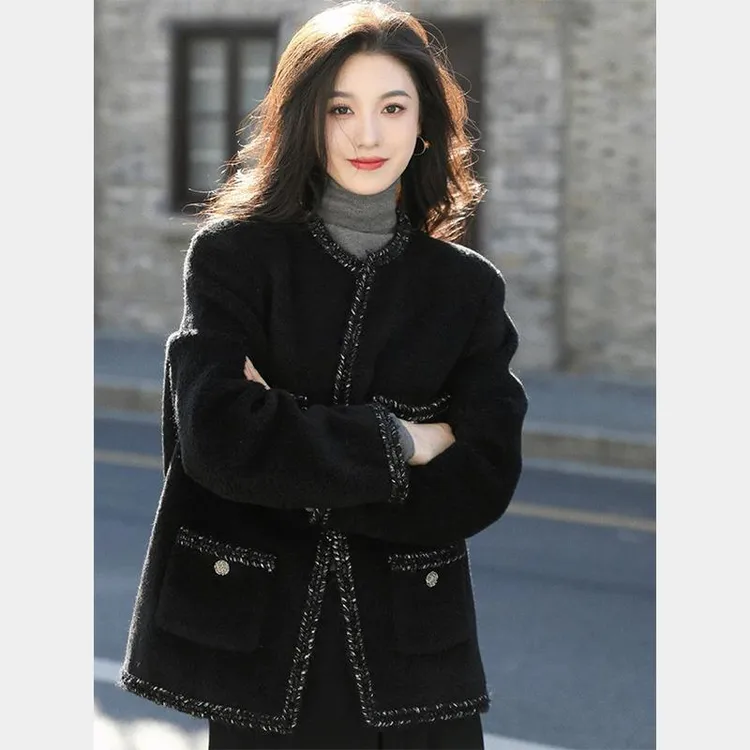 【GPJ】惜莺大码女装法式小香风毛呢外套2024秋冬新款爆款黑色高