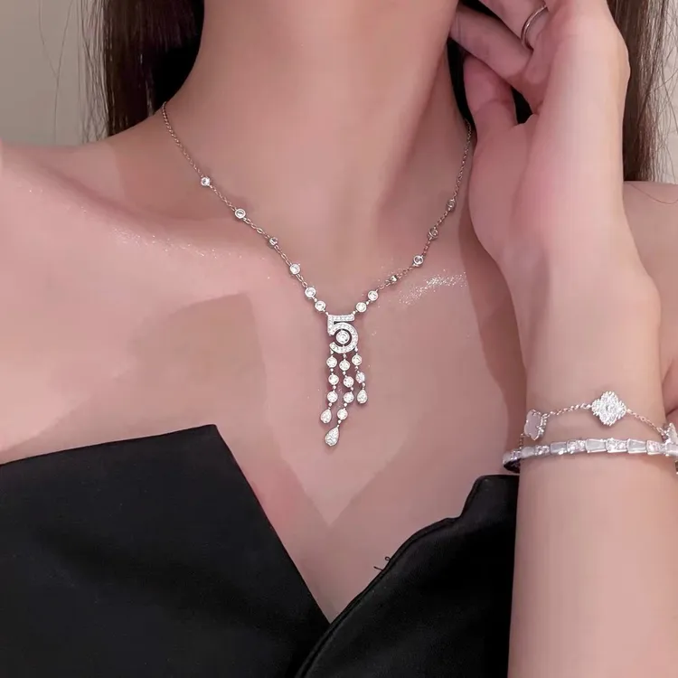 坠链均925银 S925纯银香家高碳钻5字流苏吊坠项链明星同款饰品