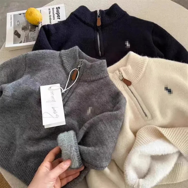 SY【韩货】一体绒儿童毛衣男加厚冬款中大童半拉链针织衫保暖套头衫