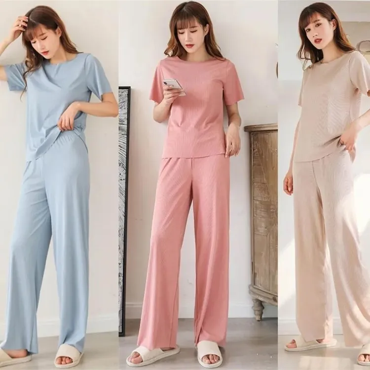 新品女士睡衣纯色冰丝家居服女休闲两件套装懒人小港姐软软套装女