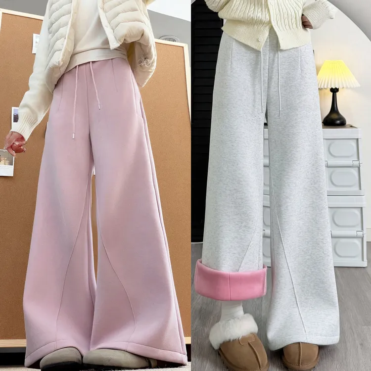 浅灰色微喇叭休闲裤女高个羊羔绒加燕灰色加绒弯刀裤女款