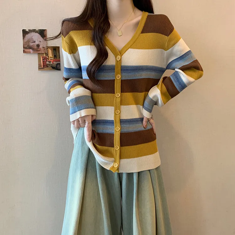 撞色针织衫女开衫春秋2025新款外搭上衣显瘦胖mm大码秋冬条纹外套