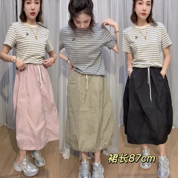 2025夏新款韩系松紧腰半身裙女高腰显瘦百搭A字中长款裙夏季